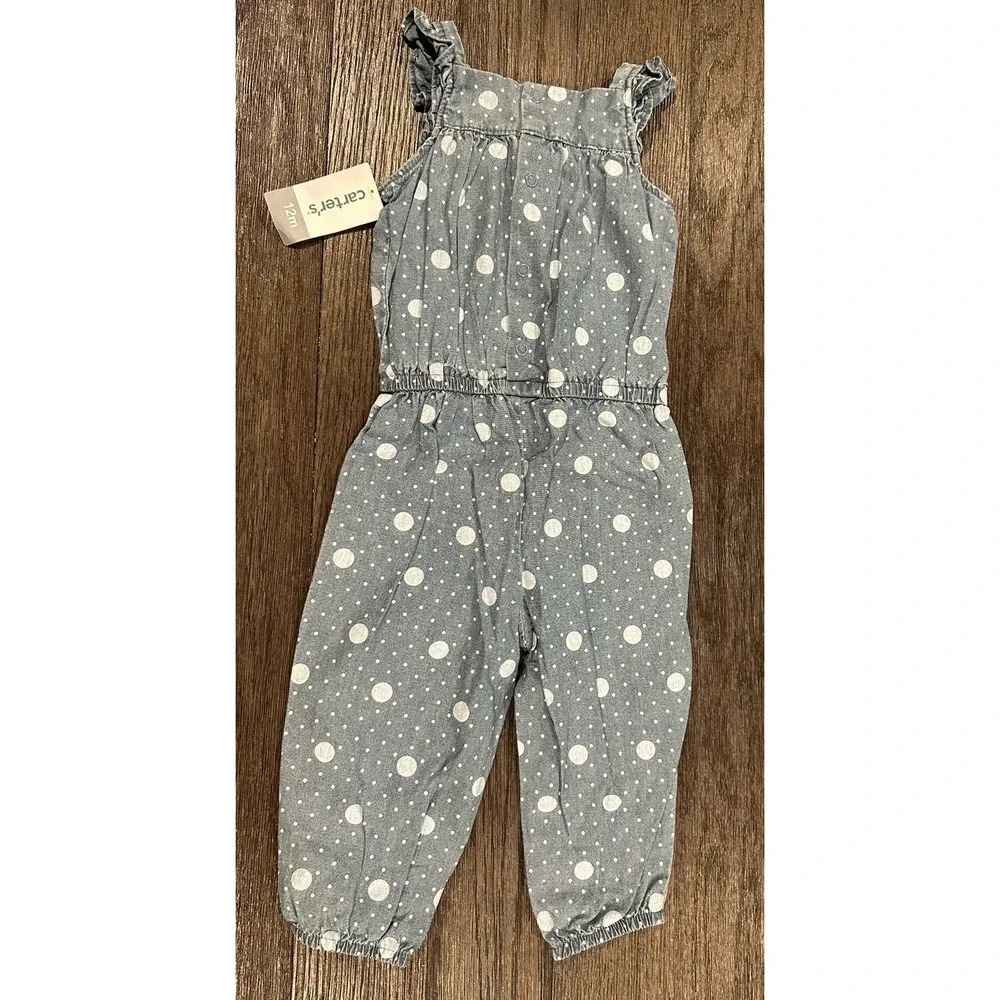 CARTERS chambray denim Polka Dot‎ pants sleeveless romper sz 12M NWT ruffles